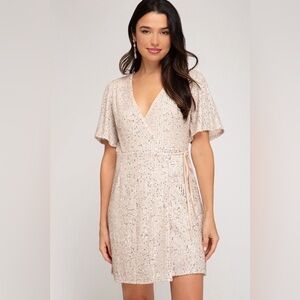 She + Sky Blush Sequin Wrap Mini Dress